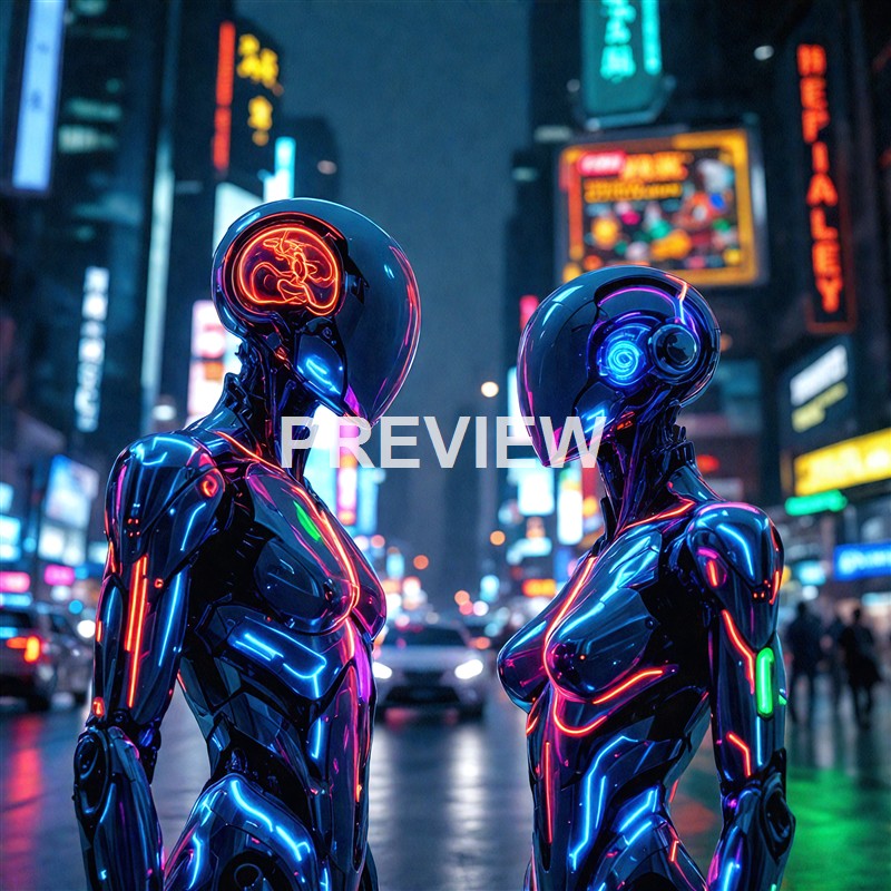 Two futuristic humanoid robots with glowing neon accents stand face-to-face in a busy, illuminated city street at night, with vibrant billboards and signs in the background.